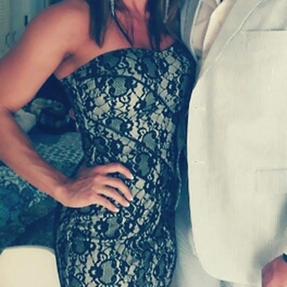 Strapless nude lace overlay dress